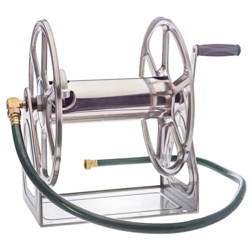 Stainless Steel Wall Mount Garden Hose Reel - 5/8 x 200 ft Capacity - Limited Lifetime Warranty - Factory Direct Hose